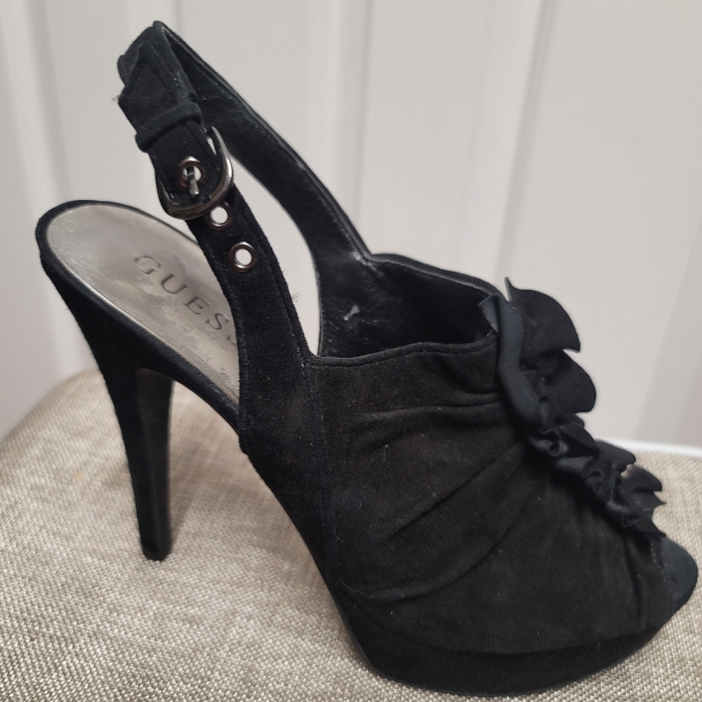 Guess suede slingback peeptoe platform stilettos